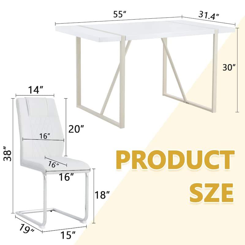 Dining Table Set for 6, 7 Piece Home Rectangular Dining Table Set with 6 Faux Leather Chairs, Cream Dining Table and Chair Set