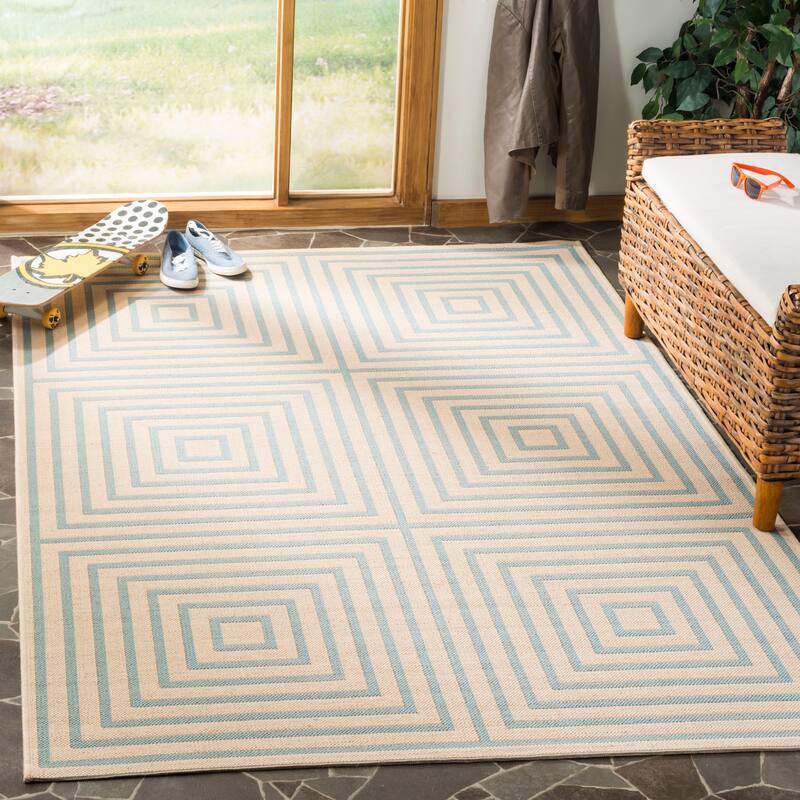 SAFAVIEH Linden Loris Indoor/ Outdoor Waterproof Patio Backyard Rug - 9' x 12' - Cream/Aqua