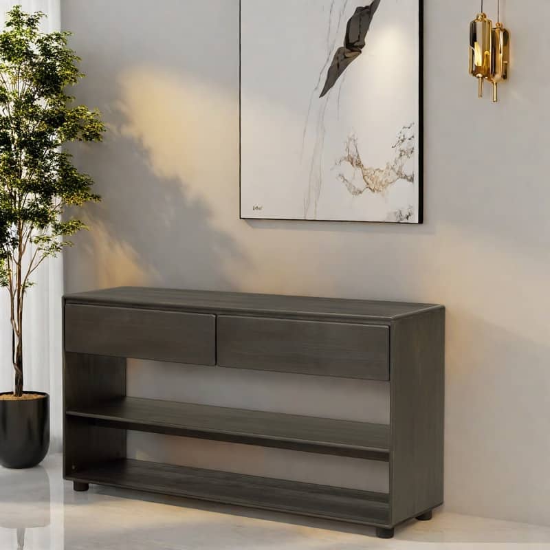 48" Solid Wood Console Table with 2 Drawers & 2 Shelves Solid Wood Legs & Adjustable Feet