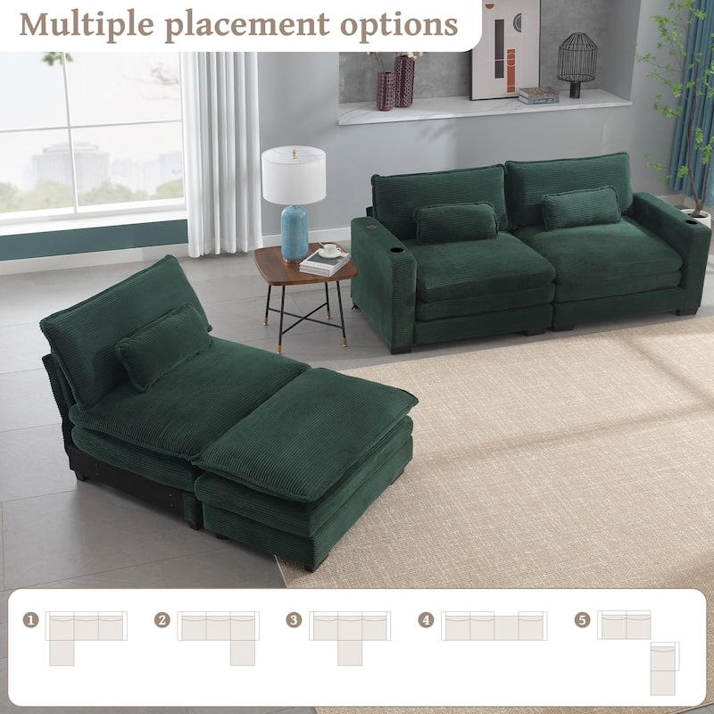 Stripe Corduroy Sofa with USB and Cup Holders, L Shape Chaise with Ottoman and Lumbar Pillows, 3 Seater Convertible Lounge Couch