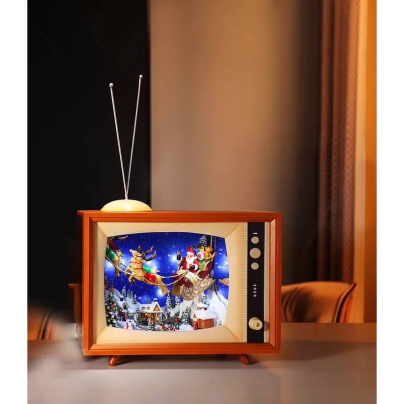 LED Lighted Santa on Sleigh TV Christmas Table Decor 15.5" Brown