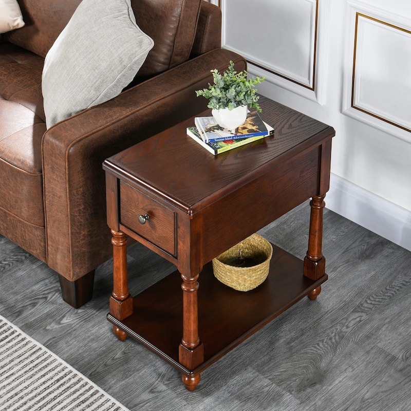 Narrow End Table with Drawer, Solid Wood Sofa Side Table with Storage