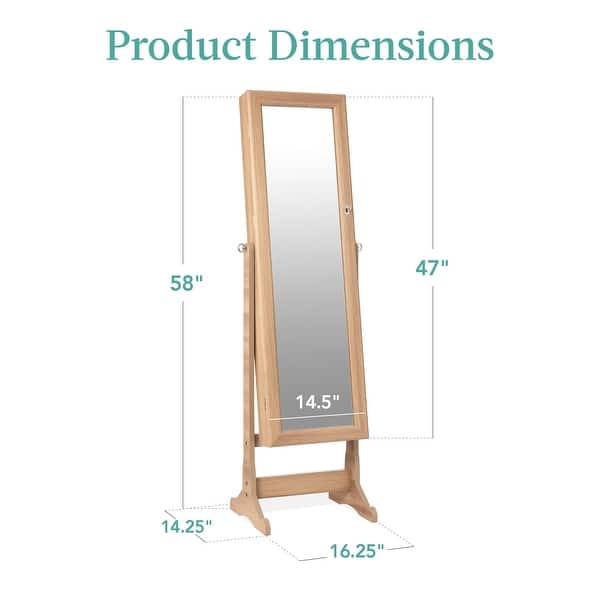 dimension image slide 2 of 6, Freestanding Jewelry Armoire Cabinet, Full Length Standing Mirror, Lockable Makeup Storage Organizer, w/Velvet Lining, 5 Shelves