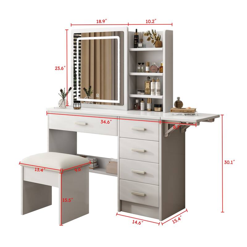 Vanity Desk with Mirror and Lights for Makeup, open shelves and Chair