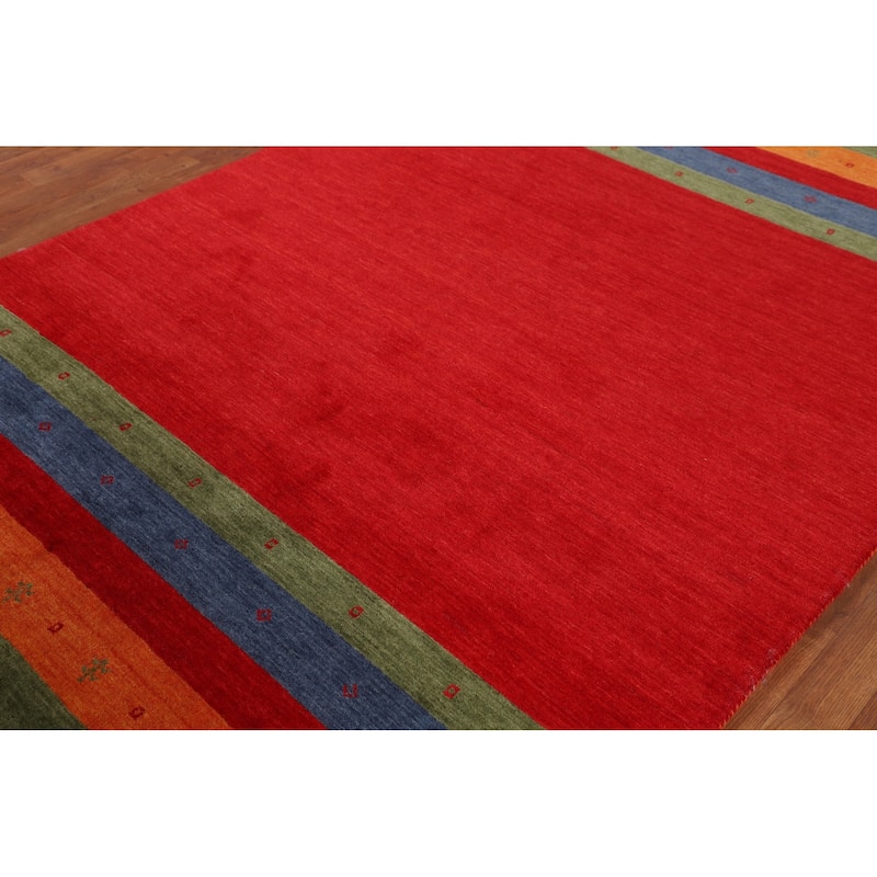 Striped Red Gabbeh Oriental Area Rug Handmade Wool Carpet - 5'8"x 7'11"