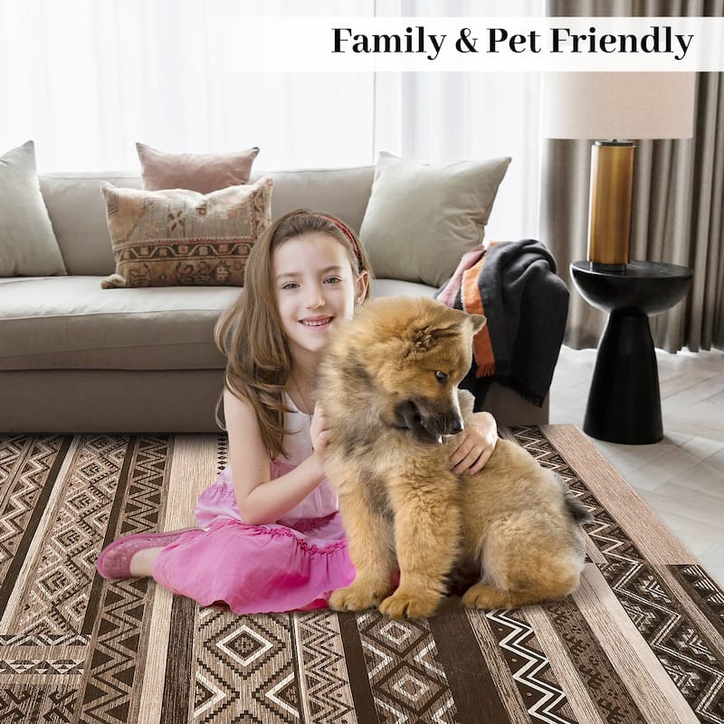 Area Rug Washable Living Room Rugs Vintage Geometric Area Rug Soft Low Pile Non-Slip Area Rug
