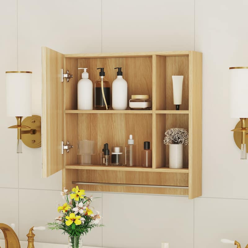 Wall-mounted bathroom medicine cabinet with shelves and a towel rack, designed for over-the-toilet storage and organization.