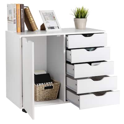 Mobile Chest Storage Cabinet Functional Organizer with Door 5 Drawers