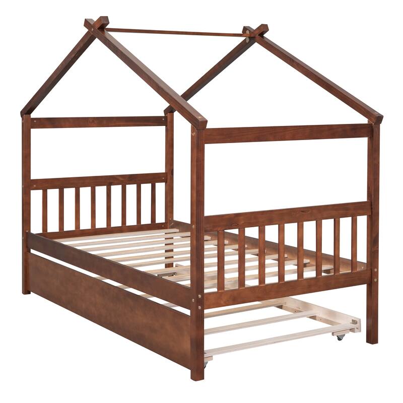 Whimsical House Bed, Twin Size Wooden House Bed with Trundle, Solid Pine Construction Bed Bath