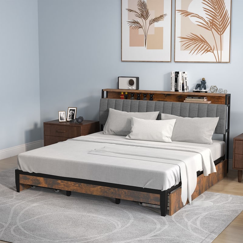 Upholstered Platform Bed with Charging Station and Storage Headboard - Brown - King