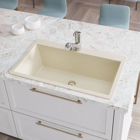 Topmount Single Bowl Granite Quartz Kitchen Sink with Grid and Matching Colored Flange
