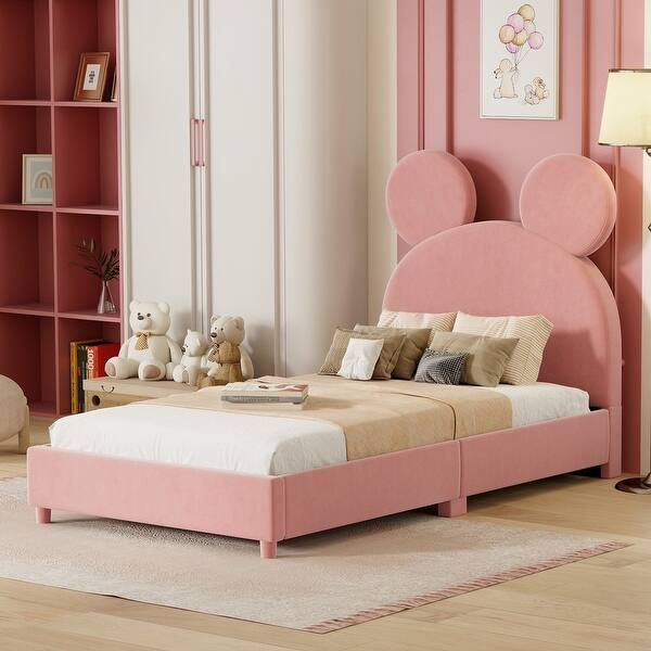 slide 2 of 32, Velvet Upholstered Bear Ear Platform Bed, Eye-catching Design, Sturdy Frame Pink
