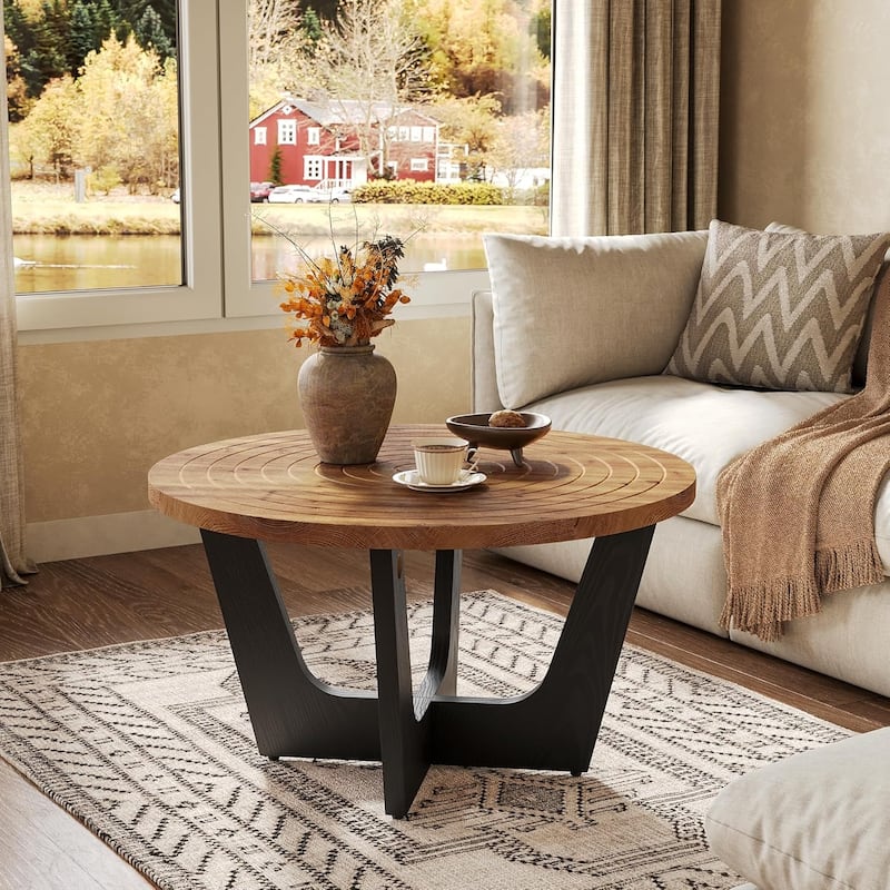 31.5" Round Solid Wood Coffee/Center/TeaTable with Ring Groove, Living Room, Small Space, Brown & Black