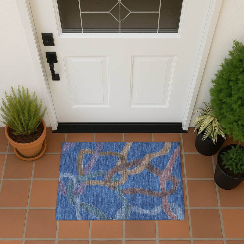 Machine Washable Indoor/ Outdoor Abstract Links Chantille Rug - Navy - 1'8" x 2'6"