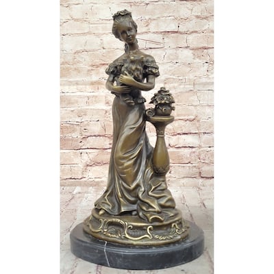 Victorian Edwardian Era European Young Woman Holding Puppy Imitative Dog - Bronze Sculpture By Milo