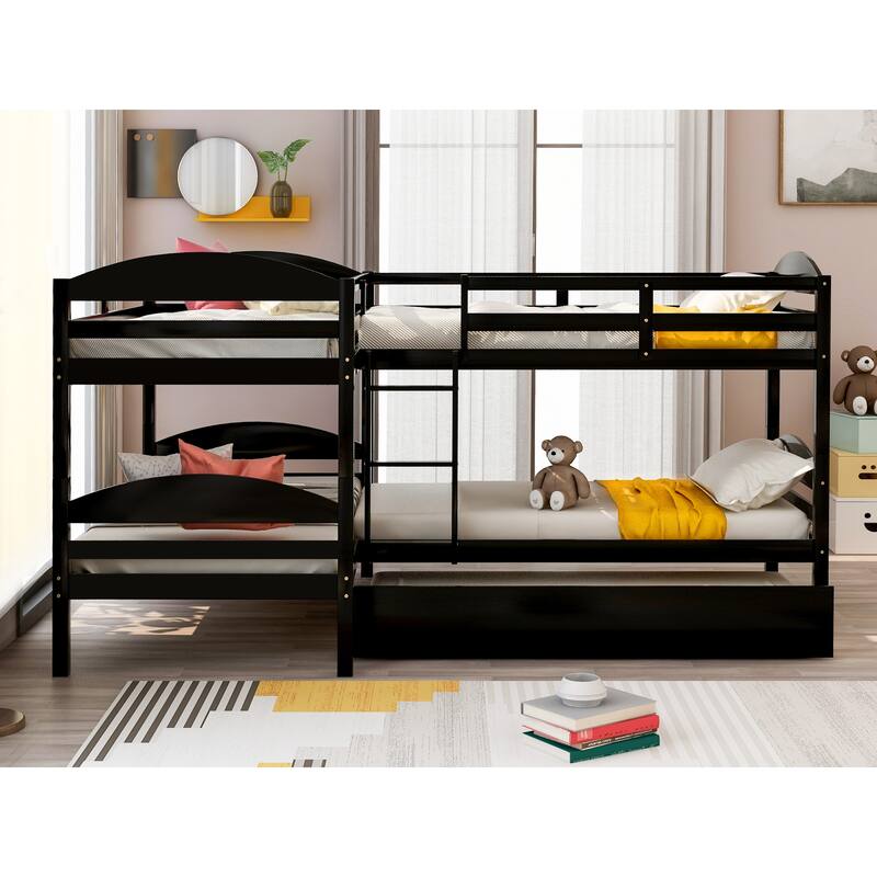 Twin Over Twin Triple Bunk Bed with Trundle Bed, L-Shaped Bunk Bed with Ladder, Wooden Bunkbed Frame for 4 Kids Boys Girls Teens