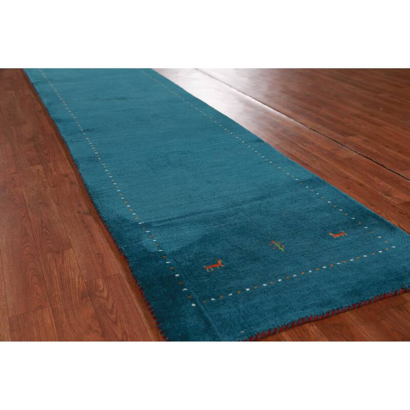 Hand Knotted Oriental 100% Wool Carpet Tribal Animal Pictorial Navy Blue & Blues Gabbeh Runner Rug - 9' 10'' X 2' 7''