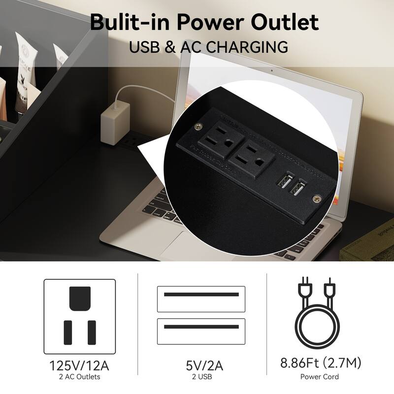 Space-saving Makeup Vanity Desk with Outlets and USB Ports, Bedroom Dressing Table Set with Stool