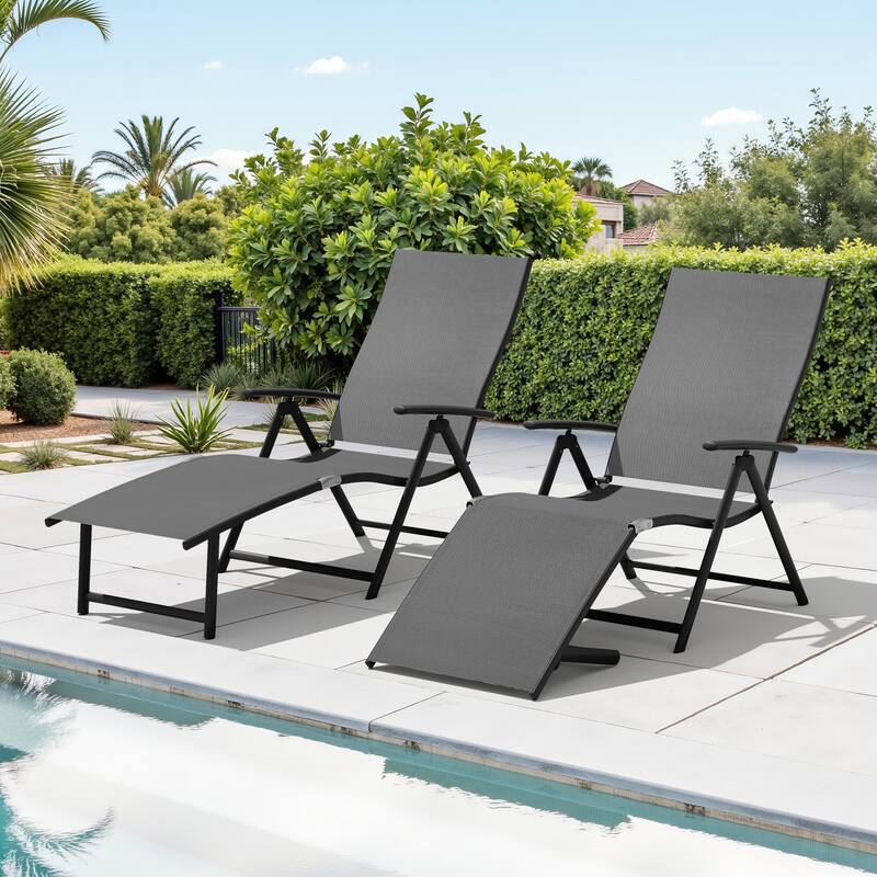 Outdoor Aluminum Folding Recliner Adjustable Chaise Lounge Chairs - See Picture - Grey Fabric, Dark Grey Farme