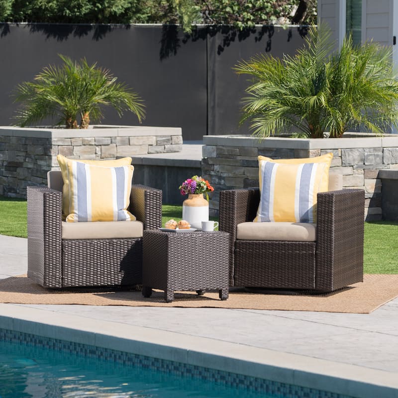 Puerta Outdoor Wicker 3-piece Swivel Chat Set with Cushions by Christopher Knight Home