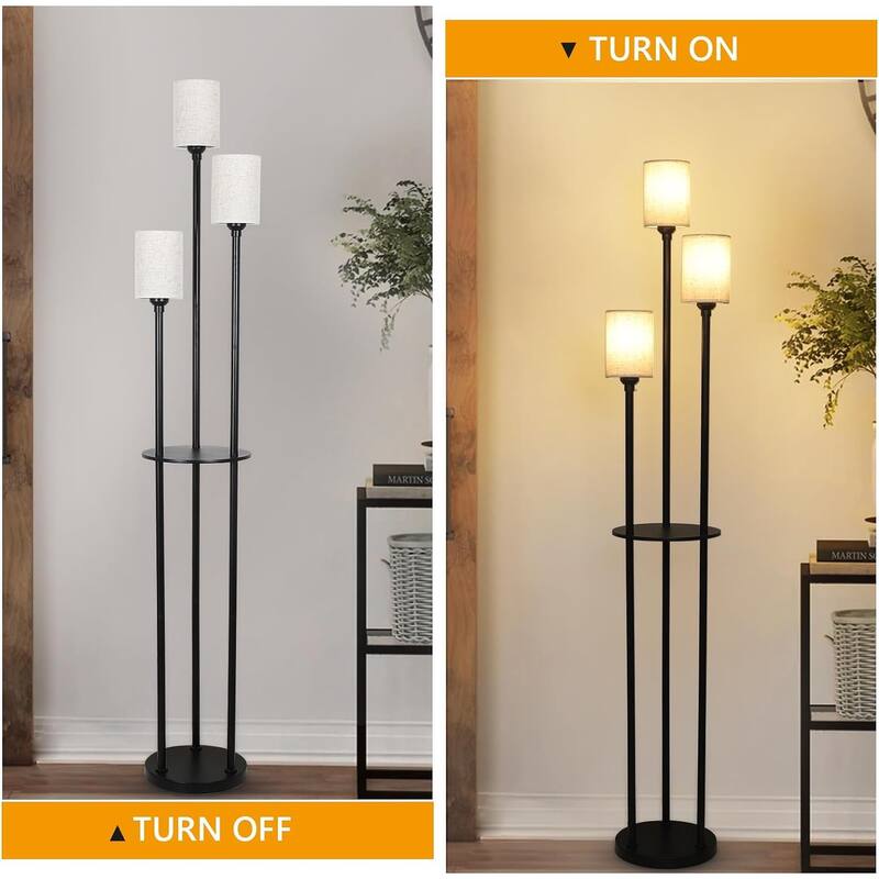 Floor Lamp with Shelves, 3-Lights Standing Lamp with Linen Shade and Foot Switch - 10.2"(L)x10.2"(W)x66.1"(H)