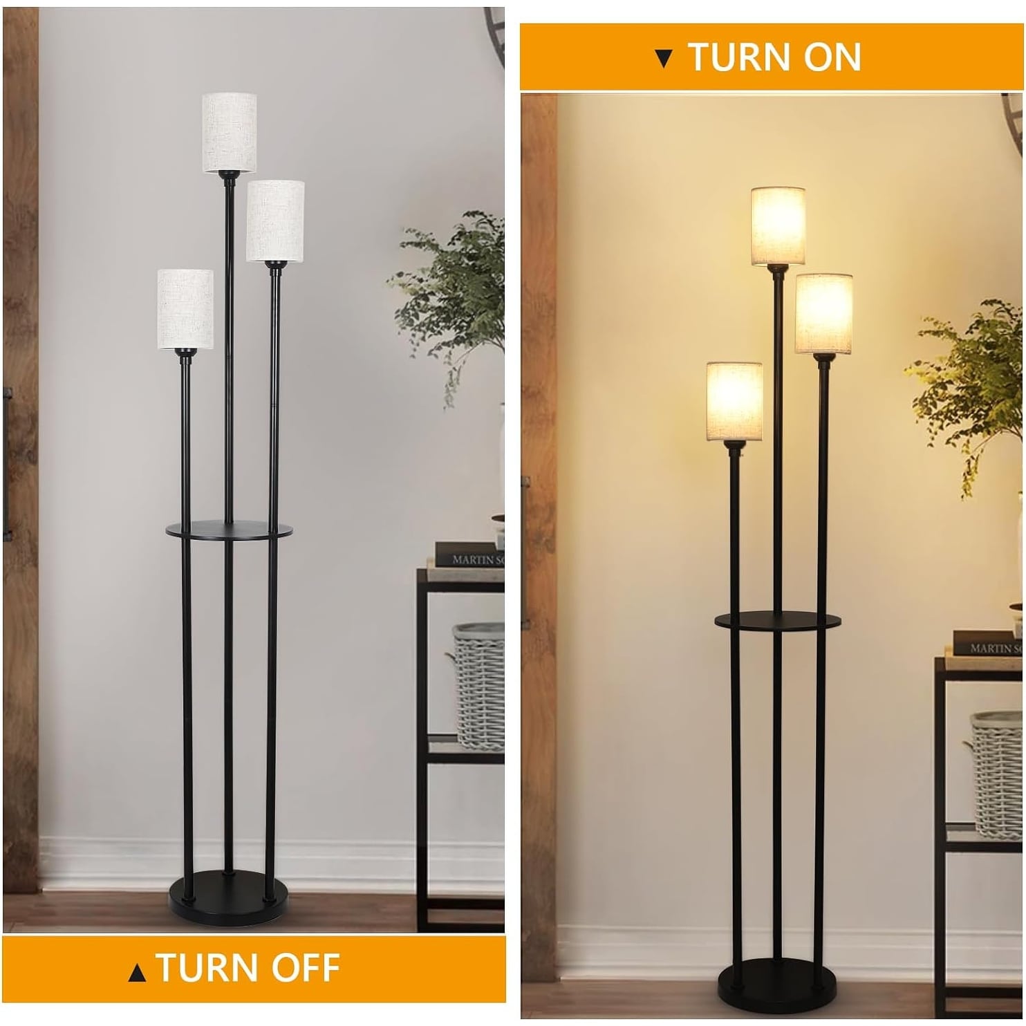 Floor Lamp with Shelves, 3-Lights Standing Lamp with Linen