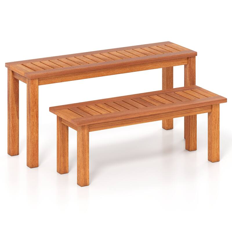 Gymax Wooden Plant Stand Set of 2 w/ Teak Oil Finish Slatted Top