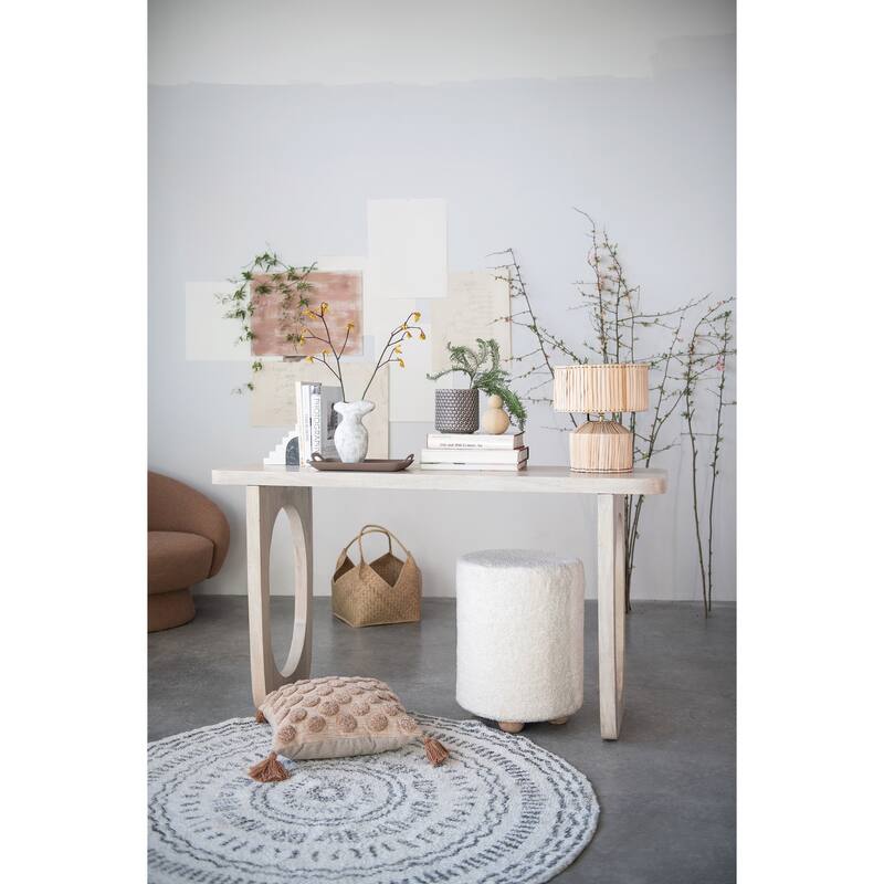 Round Cotton Sherpa Pouf with Pine Wood Feet