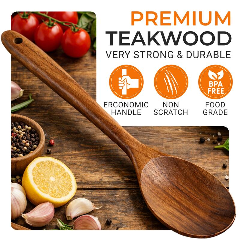 Cheer Collection Teak Wood Mixing Spoon with Deep Bowl and Hanging Loop