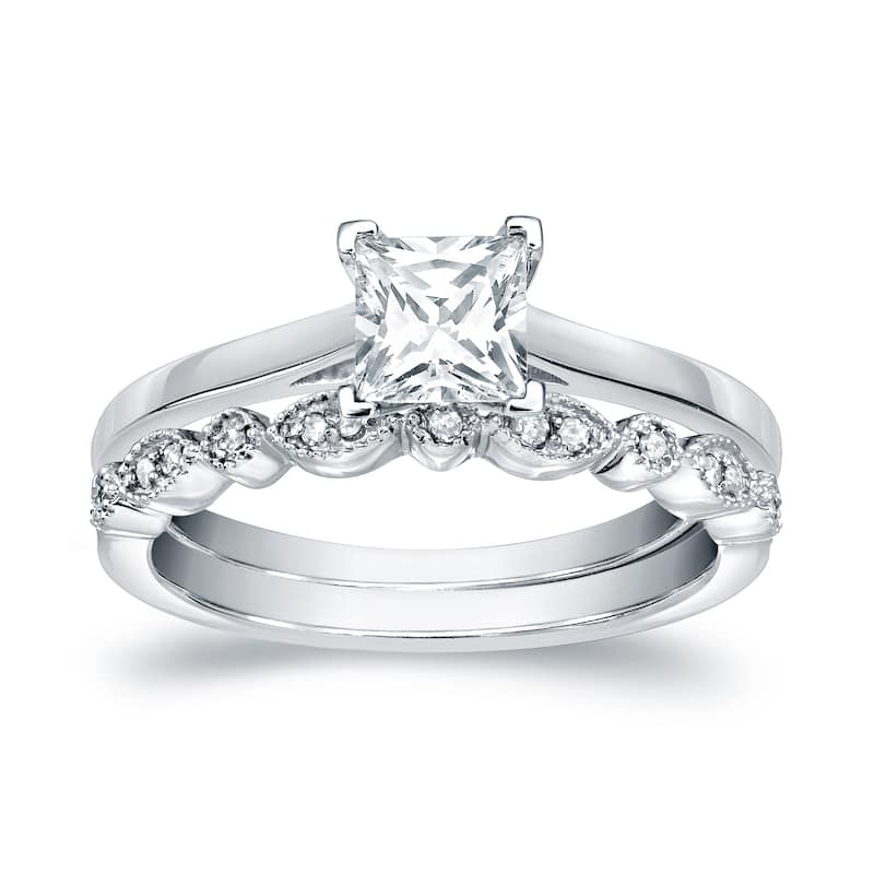 Auriya 14k Gold 3/4cttw Vintage Princess-cut Solitaire Diamond Engagement Ring Set