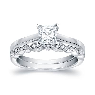 Auriya 14k Gold 3/4cttw Vintage Princess-cut Solitaire Diamond Engagement Ring Set