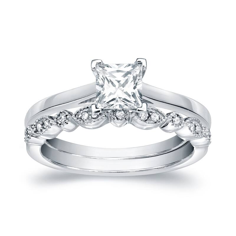 Auriya 14k Gold 3/4cttw Vintage Princess-cut Solitaire Diamond Engagement Ring Set - White - 8