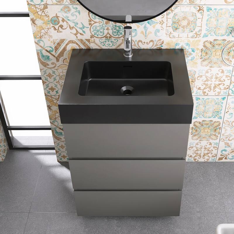 Freestanding Bathroom Vanity with Black Solid Surface Top