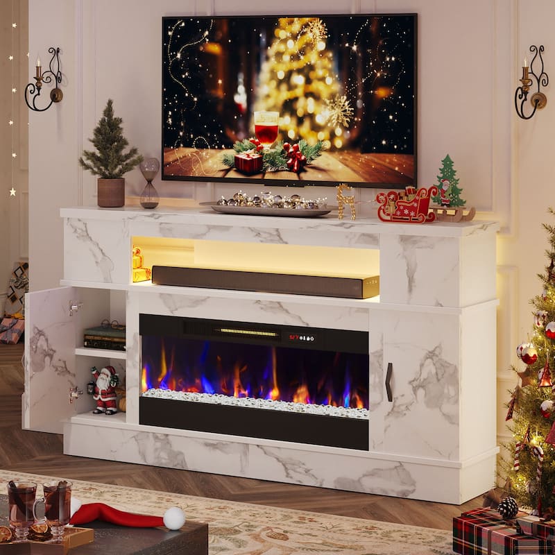 Bestier 63 in. White Marble Freestanding Electric Fireplace TV Stand Fits TV Up to 70 in. Entertainment Center with Cabinet - White