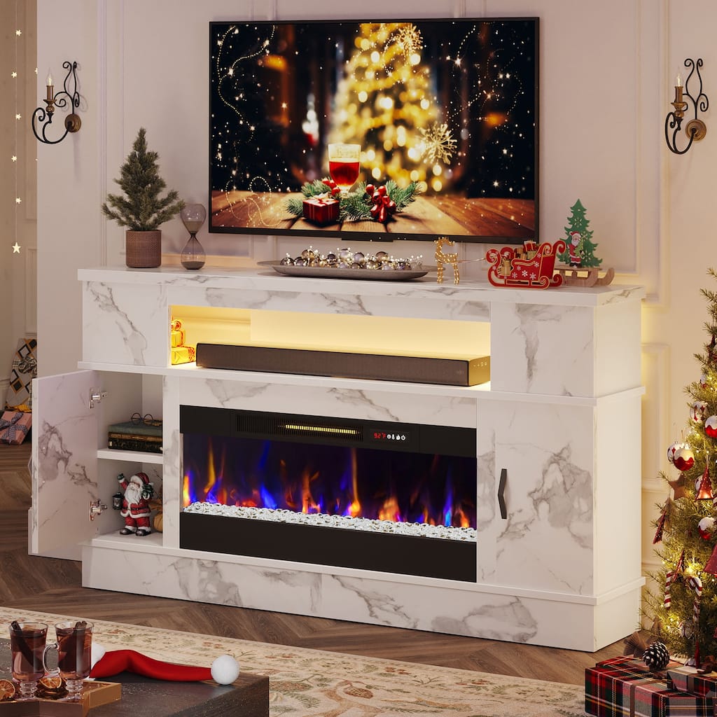 Bestier 63 in. White Marble Freestanding Electric Fireplace TV Stand Fits TV Up to 70 in. Entertainment Center with Cabinet