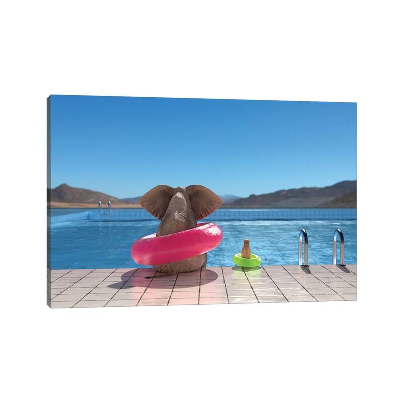 iCanvas "Elephant And Dog Sit On The Edge Of The Pool II" by Mike Kiev Canvas Print