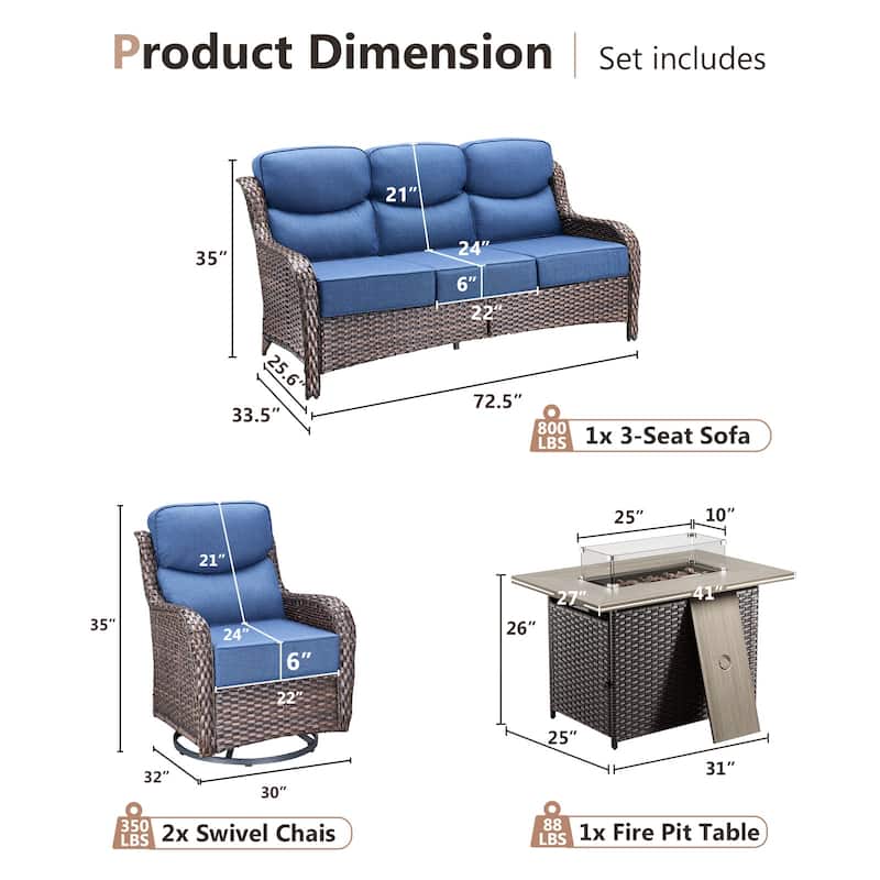 Pocassy Outdoor 6 Inch Sofa Chair Ottoman with Fire Pit Table Set