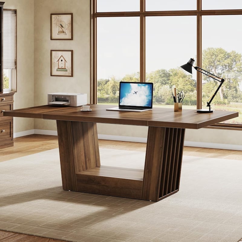 64-Inch Brown MDF Executive Desk, Large Computer Desk with Sturdy Base for Home Office