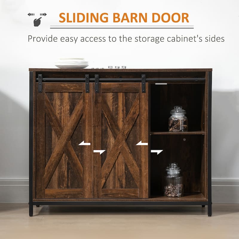 HOMCOM Industrial Farmhouse Buffet Cabinet, Kitchen Sideboard with Sliding Barn Doors, Three Drawers and Adjustable Shelves