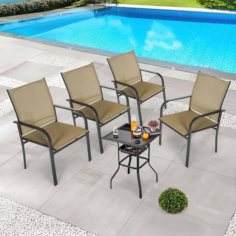 Outdoor Patio Dining Chairs Set of 4, Metal Frame Textilene Fabric Chairs with Armrest