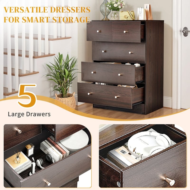 5-Drawer Dresser For Bedroom And Chest Of Drawers With Sturdy Construction Wood Storage Organizer For Closet