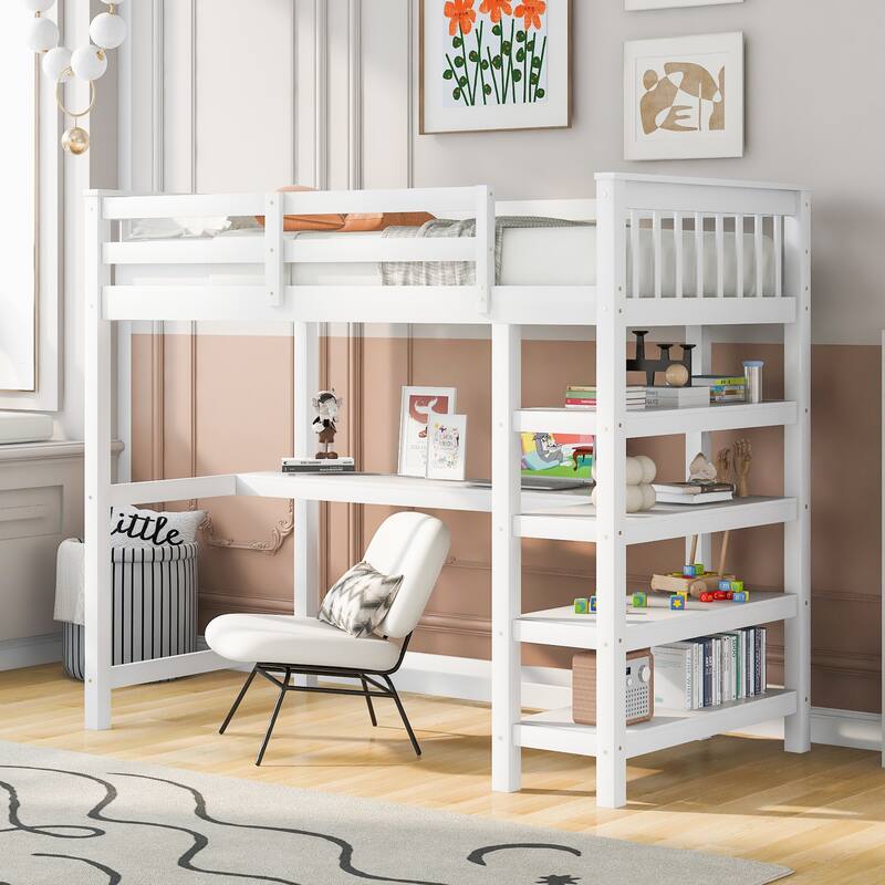 Twin Size Loft Bed with Storage Shelves and Under-bed Desk in White - White