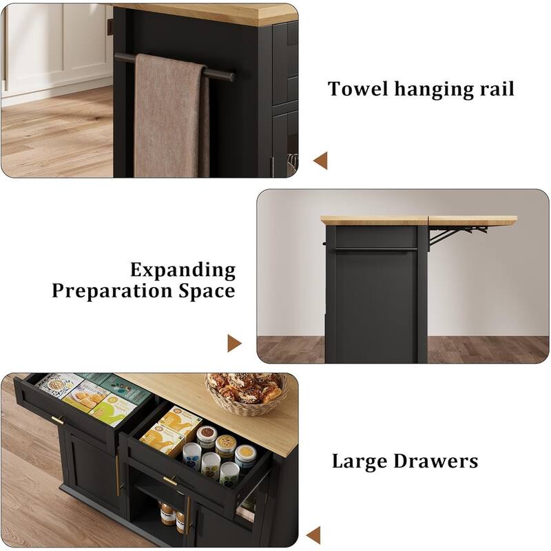 Kitchen Island, Rolling Kitchen Island Cart On Wheels With Widen Drop Leaf Top, 2 Glass Doors, Spice Rack & Towel Holder