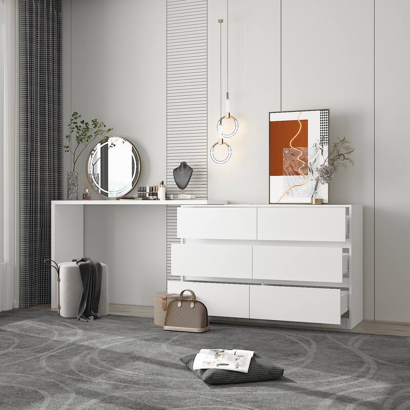 Timechee Home Rotating Dresser and Desk 6 Drawer Dresser Vanity Makeup - White