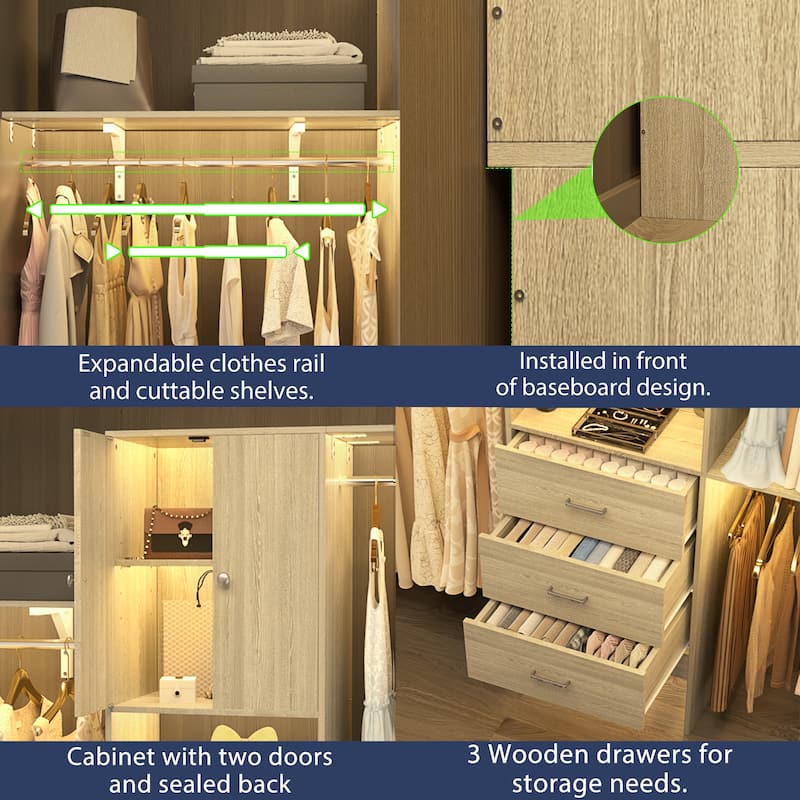 20''-96'' Wide Wooden Closet Organizer With Doors, Adjustable Closet System with Drawers and Hanging Rods