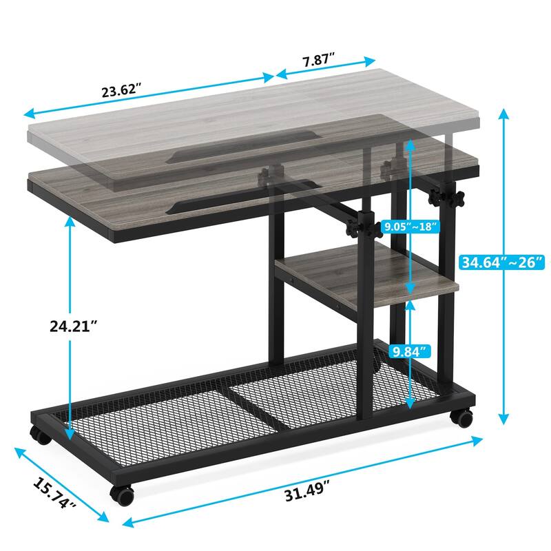Height Adjustable C Side Table with Wheels, Sofa Bedside Laptop Desk