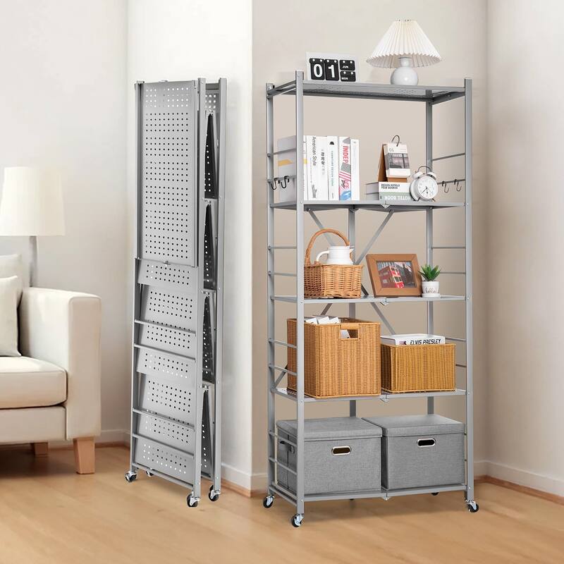 Grey Carbon Steel 5 Tier Folding Garage Storage Shelf with Wheels and J-Hooks - 14 x 32 x 72 in