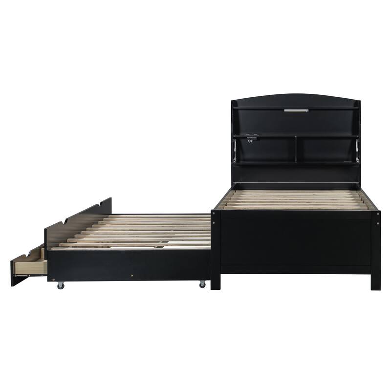 Full Platform Bed with Pull-Out Trundle, LED Headboard Lighting, USB Charging Ports, Flip-Up Storage, and Under-Bed Drawers