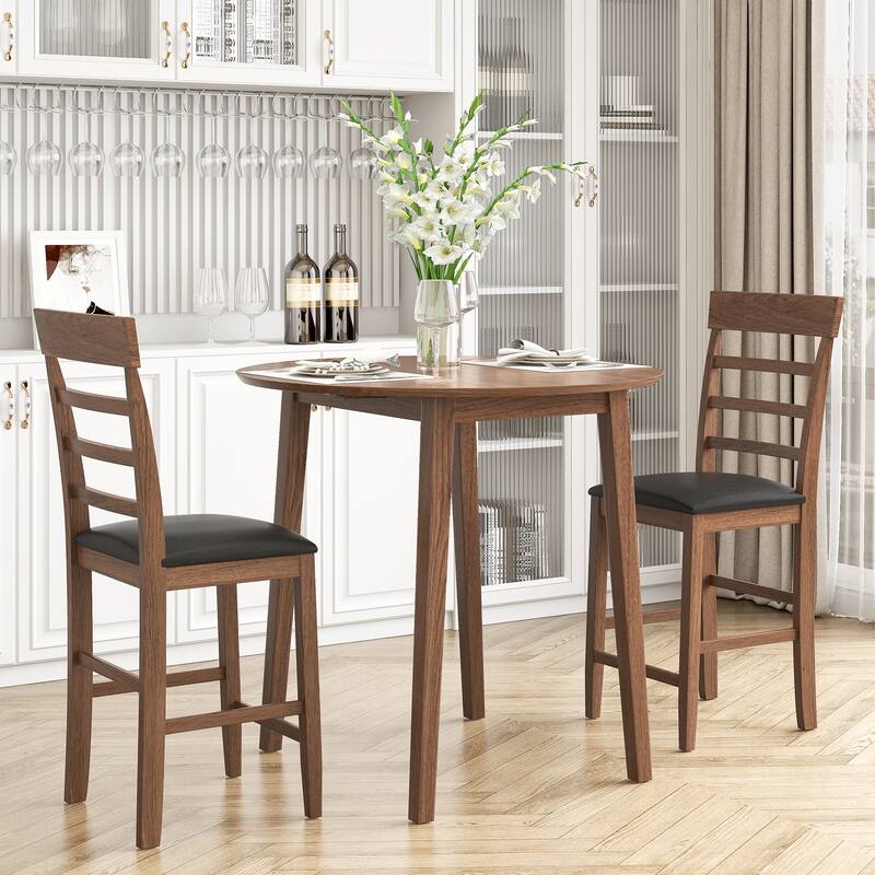 3PCS Retro Round Counter Height Drop-Leaf Table Set - Brown