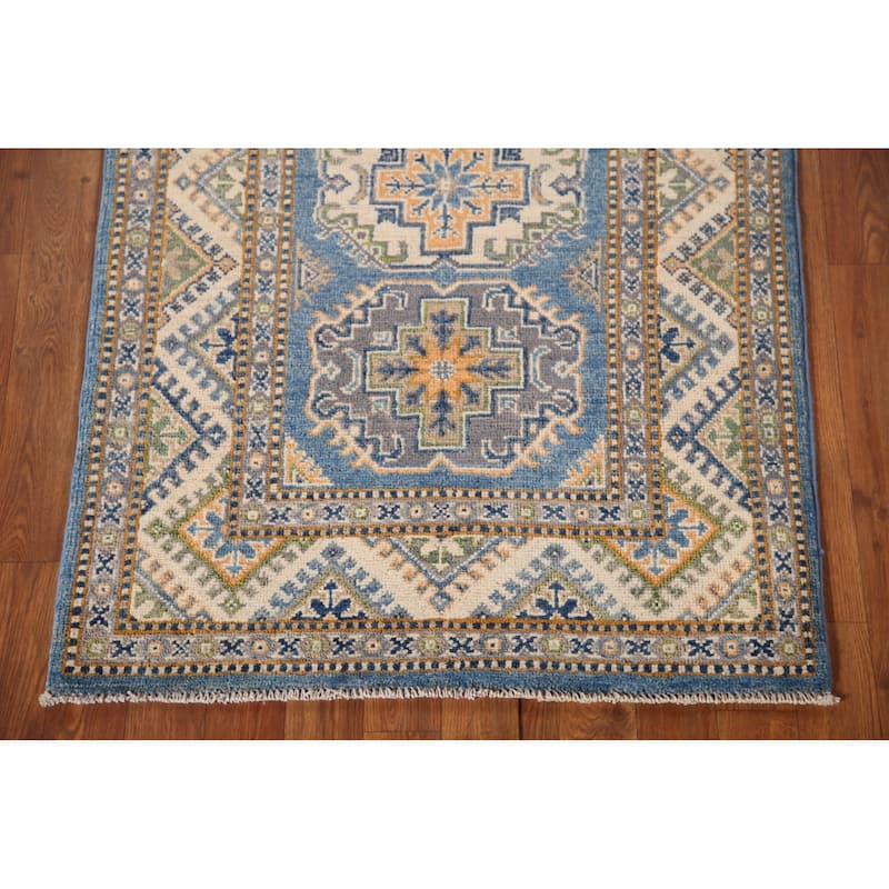 Blue Kazak Oriental Accent Rug Handmade Geometric Wool Carpet - 2'9"x 4'1"